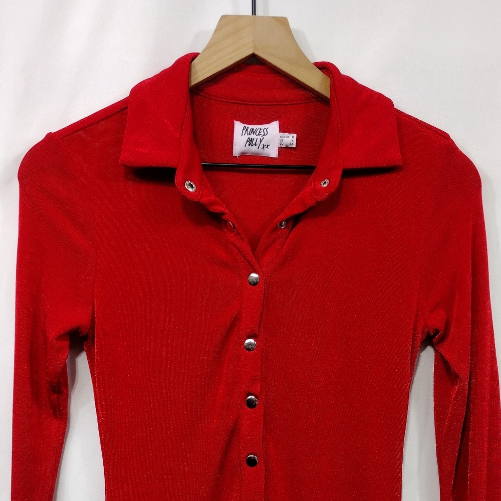 Princess Polly Elody Long Sleeve Shirt Dress Women's 4 Red Holiday Boho Retro - Picture 3 of 9